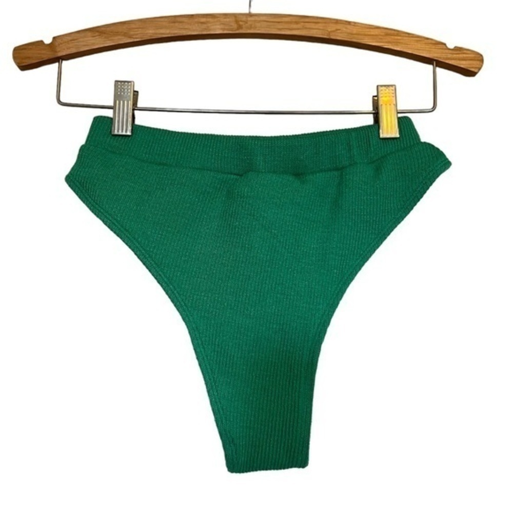 Ribbed Green High Waisted Cheeky Bikini Bottom - Picture 2 of 7